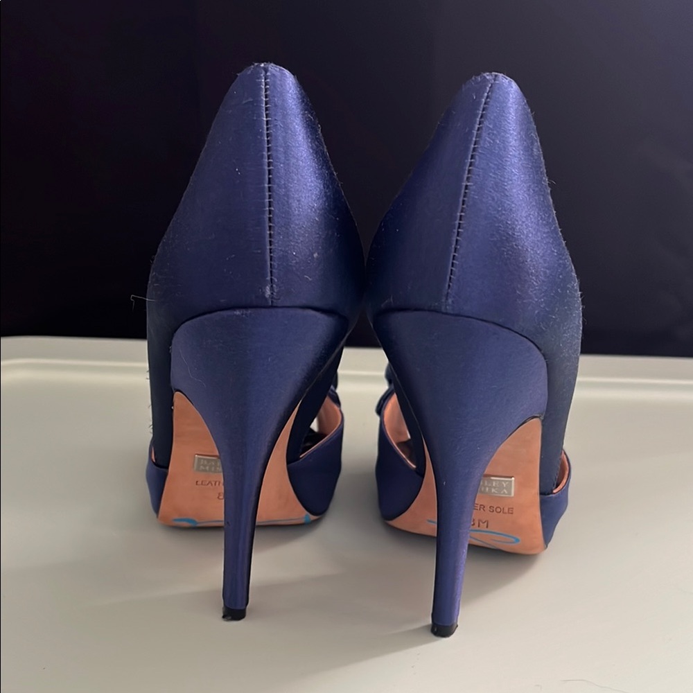 Badgley Mischka Navy Satin Bow Peep-Toe Heels - Picture 3 of 9